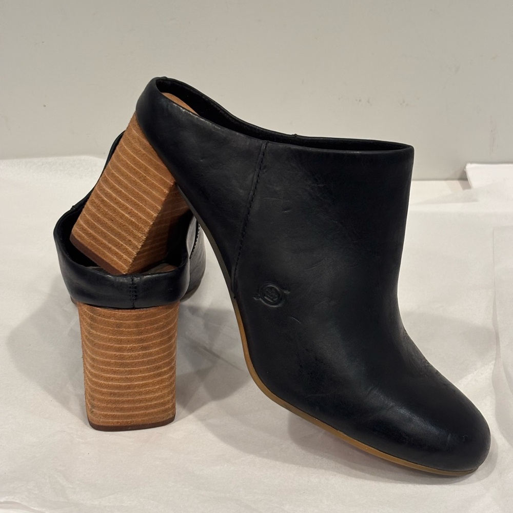 Born Black Leather Women's Mules with Wooden Heel - Picture 6 of 8